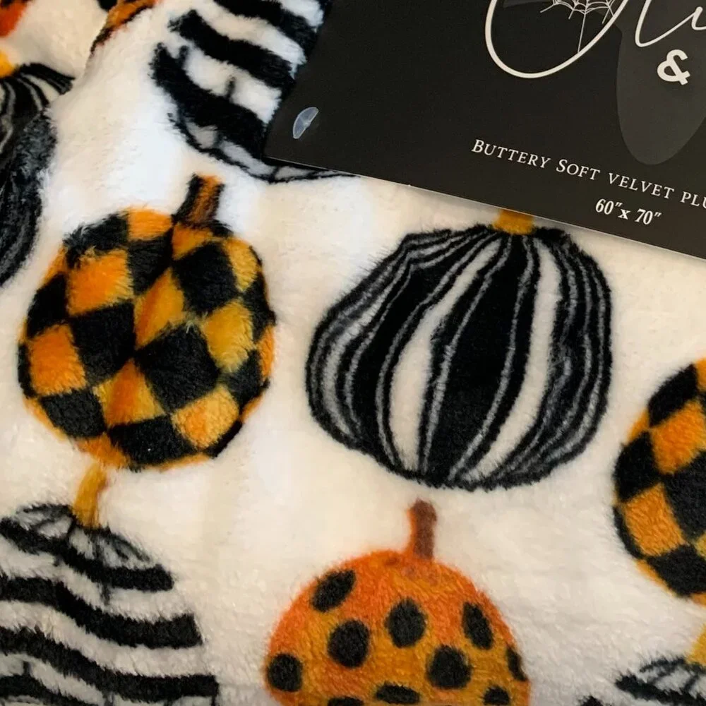 Pumpkin Velvet Plush Throw Black White Check Orange Oversized NWT